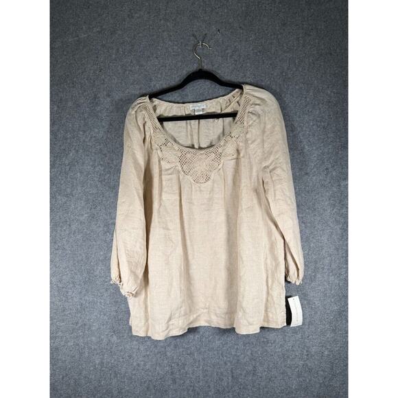 Charter Club Tops - Charter Club Blouse Women 12 Linen Long Sleeve Beige Embroidered Boho Stretch NW